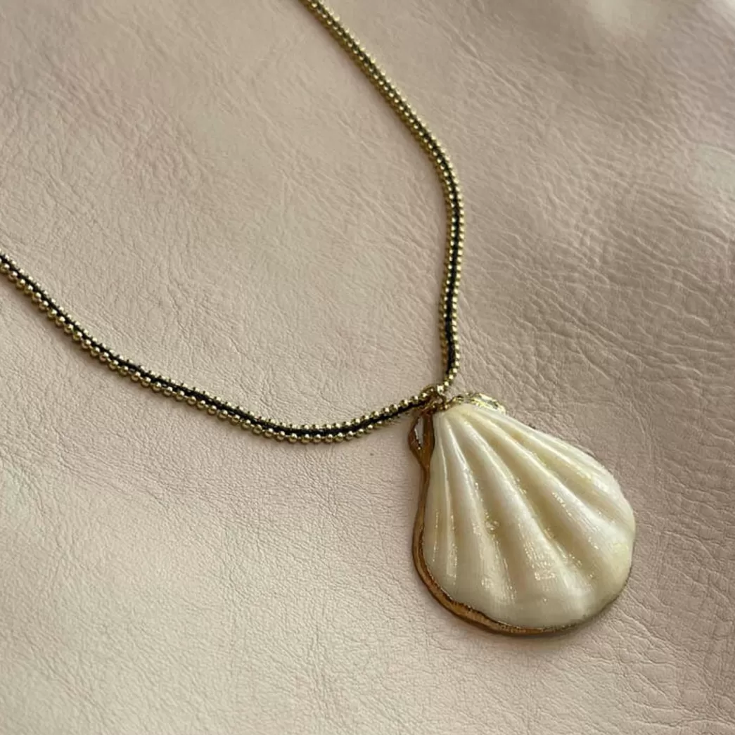 Mujer Mercules Collar Concha Blanca Y Cordon Negro